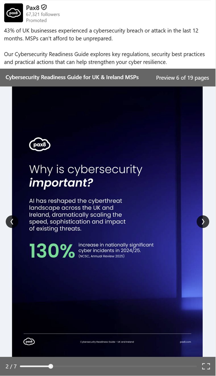 The new Pax8 Cybersecurity Guide 2026 Document Ad: a full-bleed dark page with one headline and one large statistic